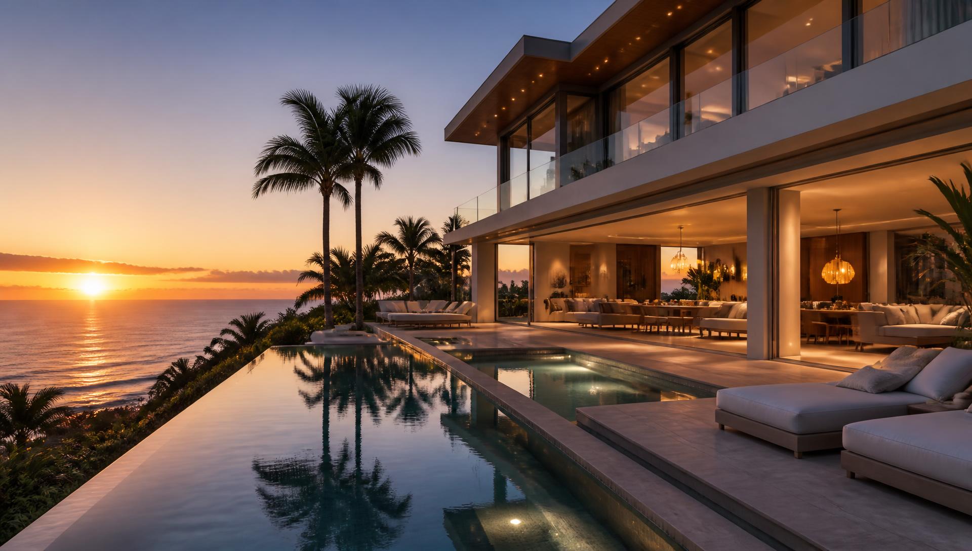 Luxury home exterior at sunset with an infinity pool